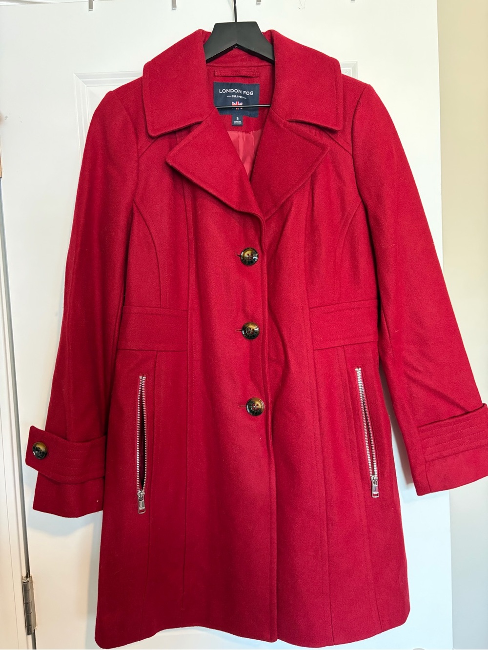 London Fog Red Wool-Blend Pea Coat with Zipper Pockets